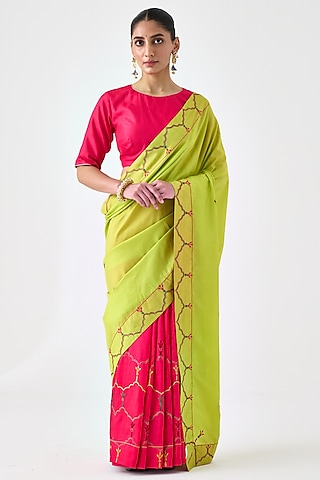 Lime Green & Fuchsia Silk Embroidered Saree by JANKI INDIA