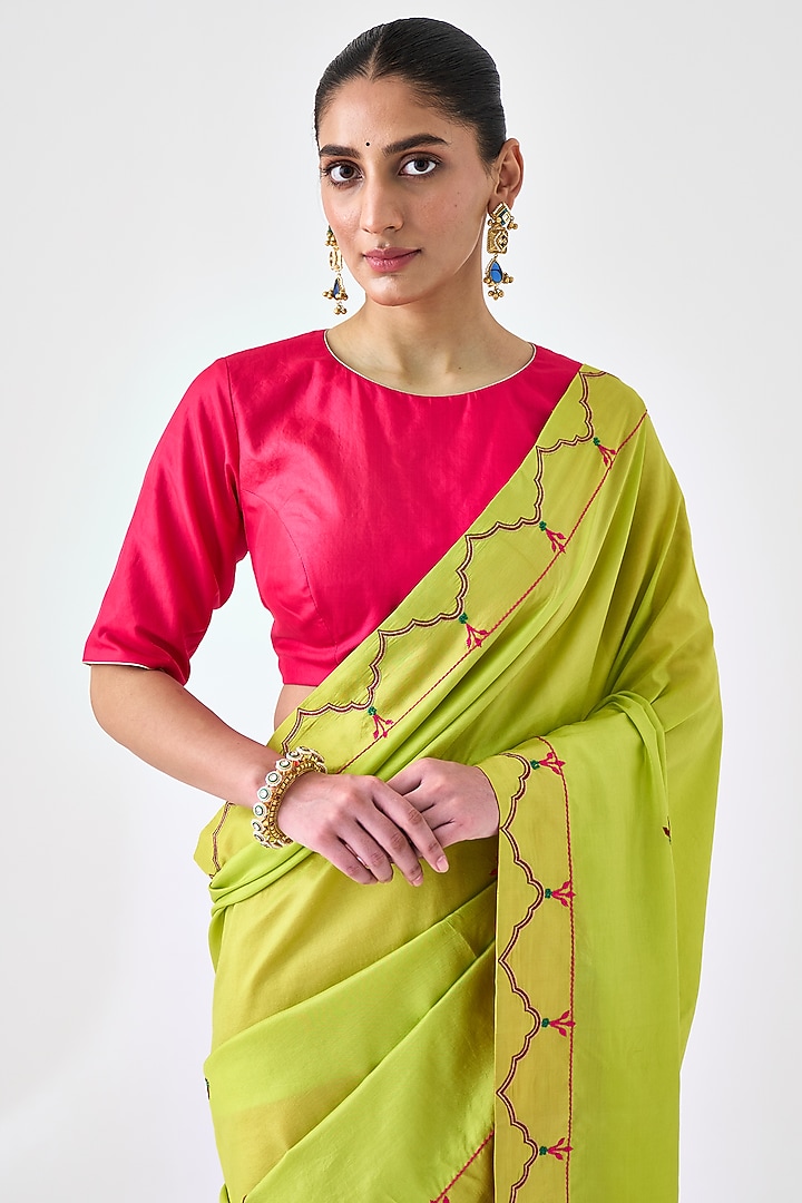 Lime Green & Fuchsia Silk Embroidered Wedding Saree by JANKI INDIA at Pernia's Pop Up Shop