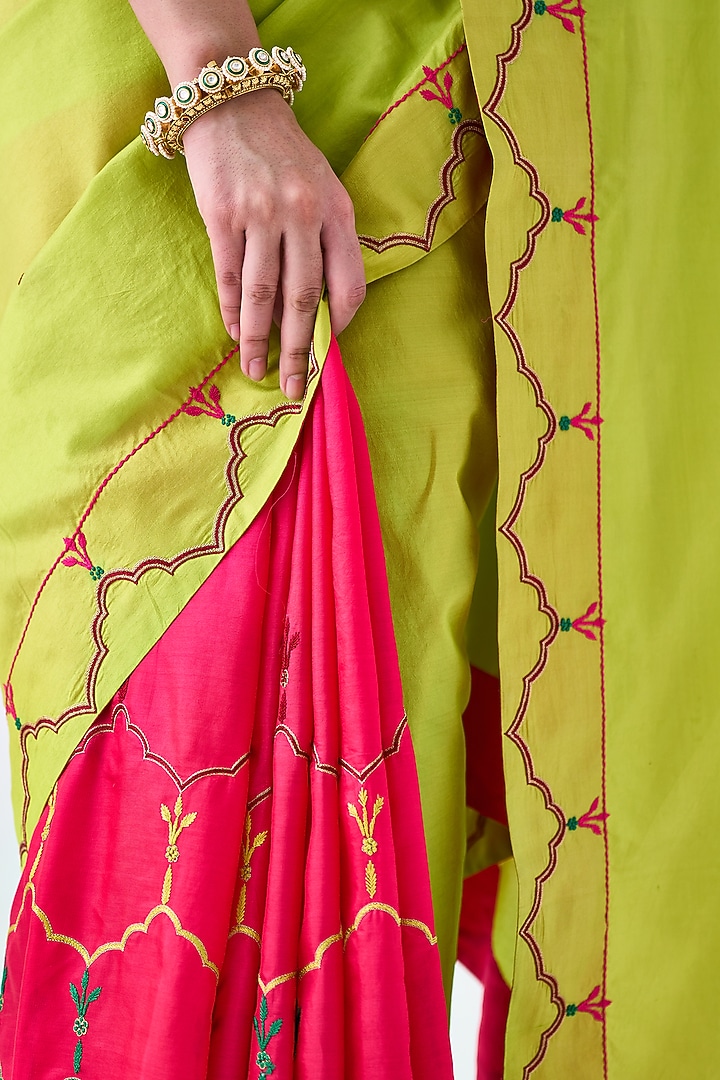 Lime Green & Fuchsia Silk Embroidered Wedding Saree by JANKI INDIA at Pernia's Pop Up Shop
