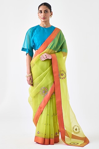 Lime Green Organza Embroidered Saree by JANKI INDIA