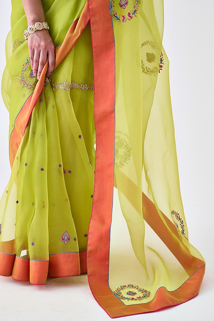 Lime Green Organza Embroidered Wedding Saree by JANKI INDIA at Pernia's Pop Up Shop