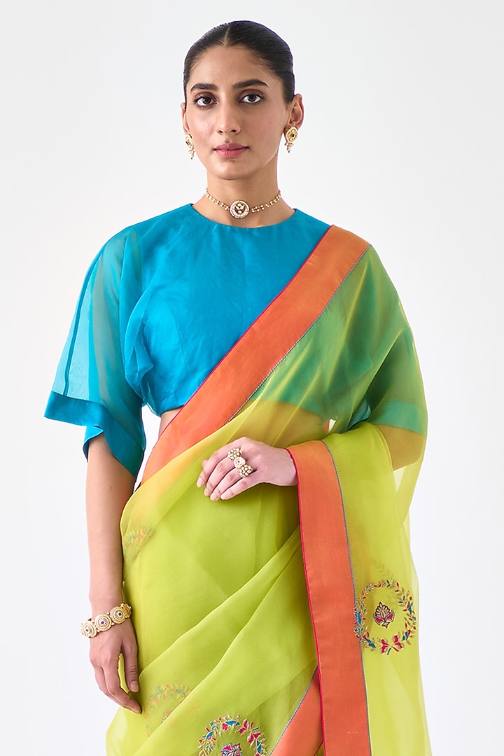 Lime Green Organza Embroidered Wedding Saree by JANKI INDIA at Pernia's Pop Up Shop