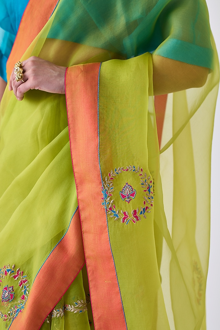 Lime Green Organza Embroidered Wedding Saree by JANKI INDIA at Pernia's Pop Up Shop