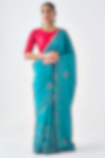 Turquoise Silk Embroidered Saree by JANKI INDIA at Pernia's Pop Up Shop