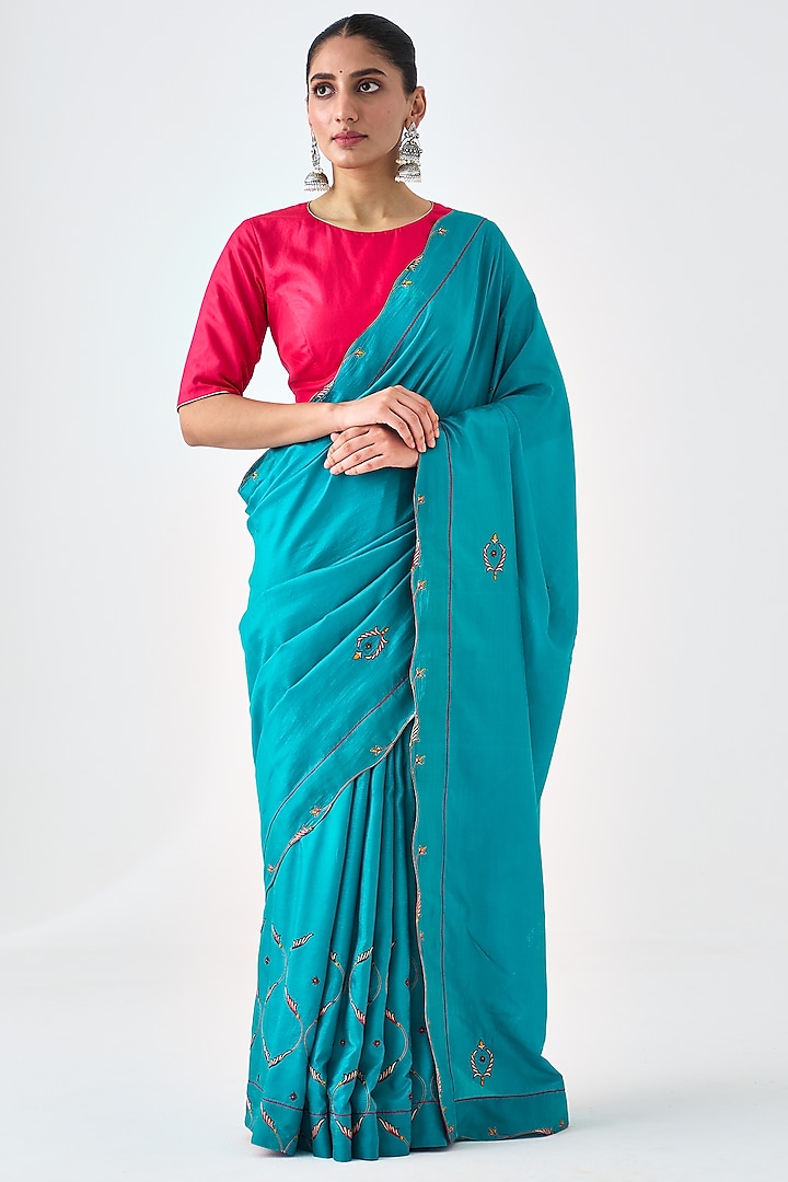 Turquoise Silk Embroidered Saree by JANKI INDIA at Pernia's Pop Up Shop