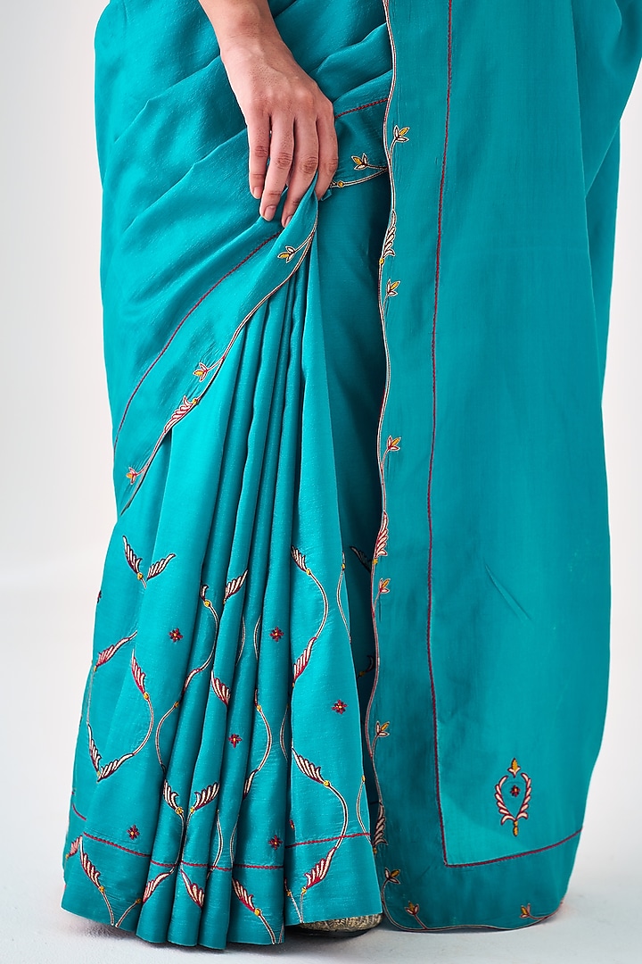 Turquoise Silk Embroidered Wedding Saree by JANKI INDIA at Pernia's Pop Up Shop