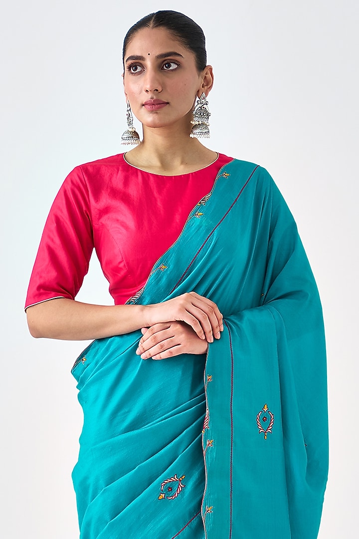 Turquoise Silk Embroidered Wedding Saree by JANKI INDIA at Pernia's Pop Up Shop
