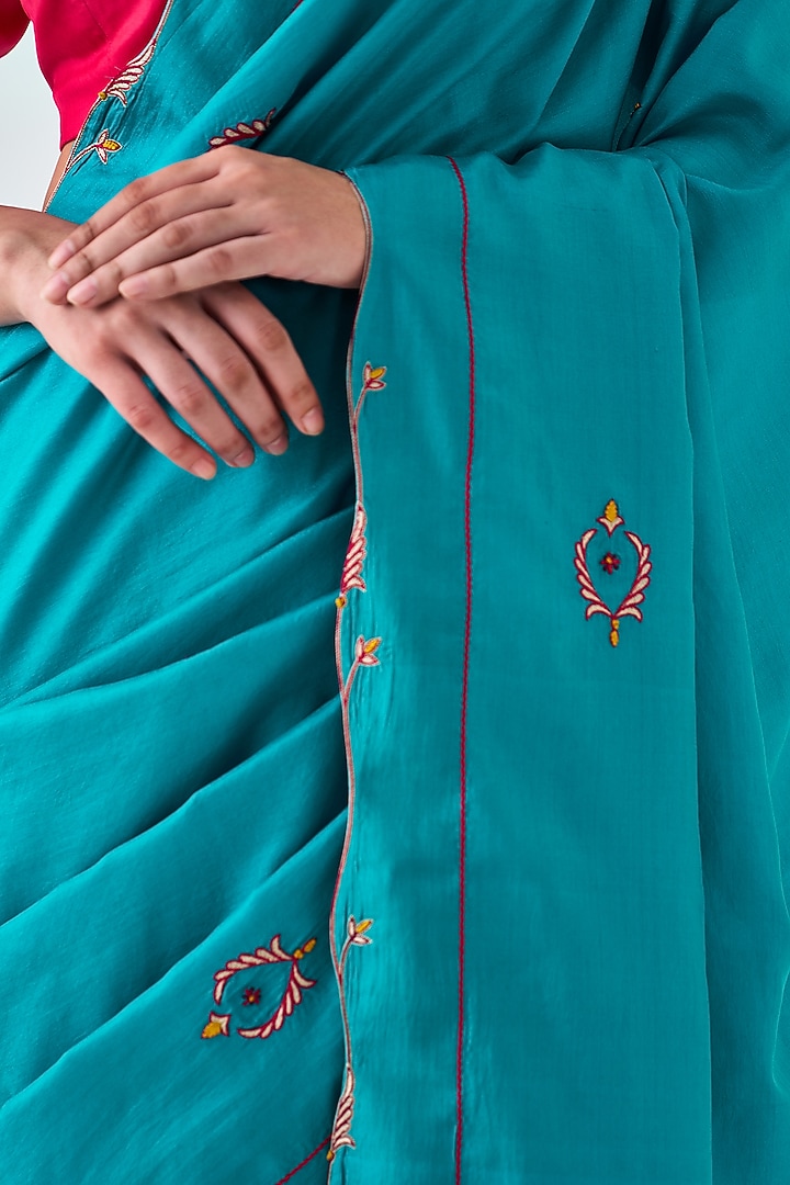 Turquoise Silk Embroidered Wedding Saree by JANKI INDIA at Pernia's Pop Up Shop