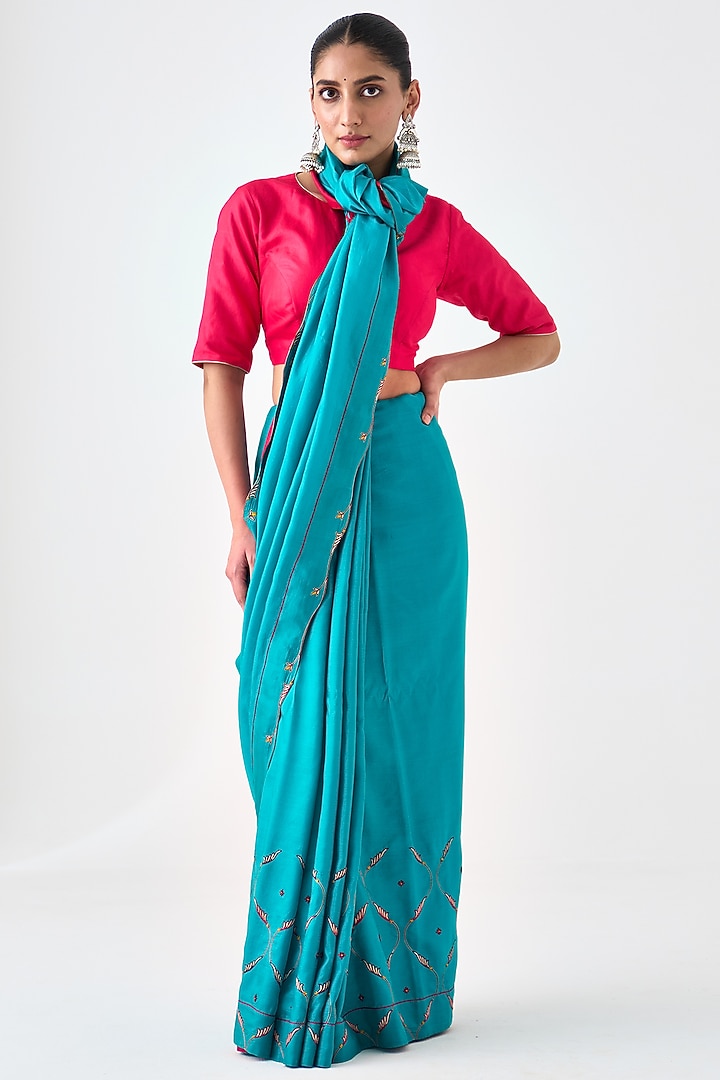 Turquoise Silk Embroidered Wedding Saree by JANKI INDIA at Pernia's Pop Up Shop