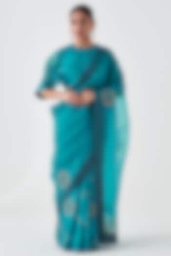 Turquoise Organza Embroidered Saree by JANKI INDIA at Pernia's Pop Up Shop