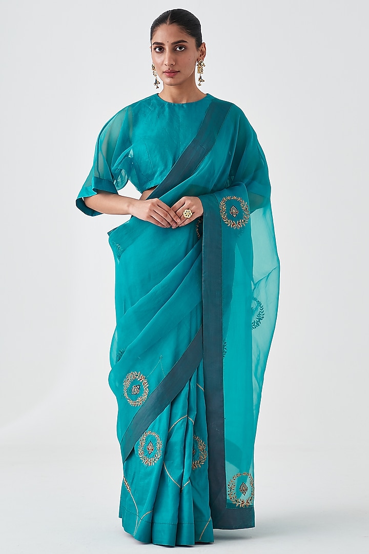 Turquoise Organza Embroidered Saree by JANKI INDIA at Pernia's Pop Up Shop