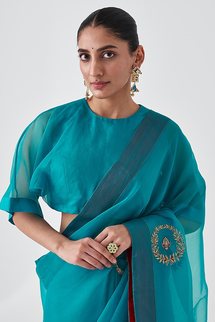 Turquoise Organza Embroidered Wedding Saree by JANKI INDIA at Pernia's Pop Up Shop