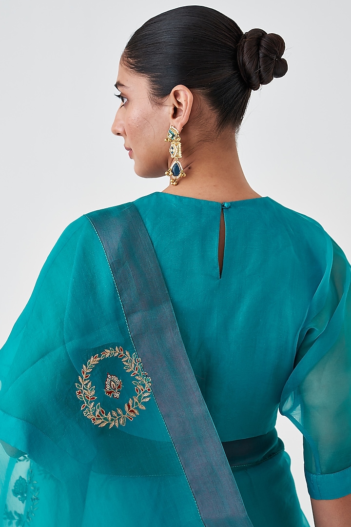 Turquoise Organza Embroidered Wedding Saree by JANKI INDIA at Pernia's Pop Up Shop