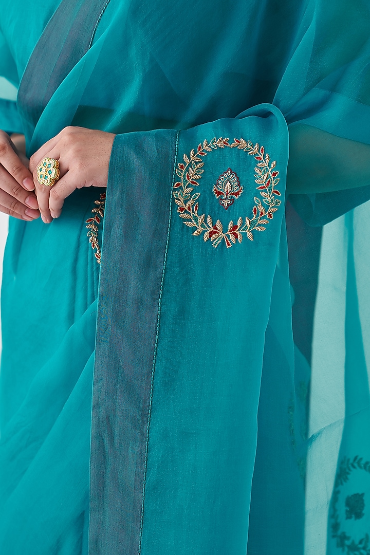 Turquoise Organza Embroidered Wedding Saree by JANKI INDIA at Pernia's Pop Up Shop