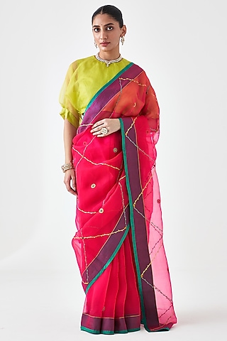 Fuchsia Organza Jaal Embroidered Saree by JANKI INDIA