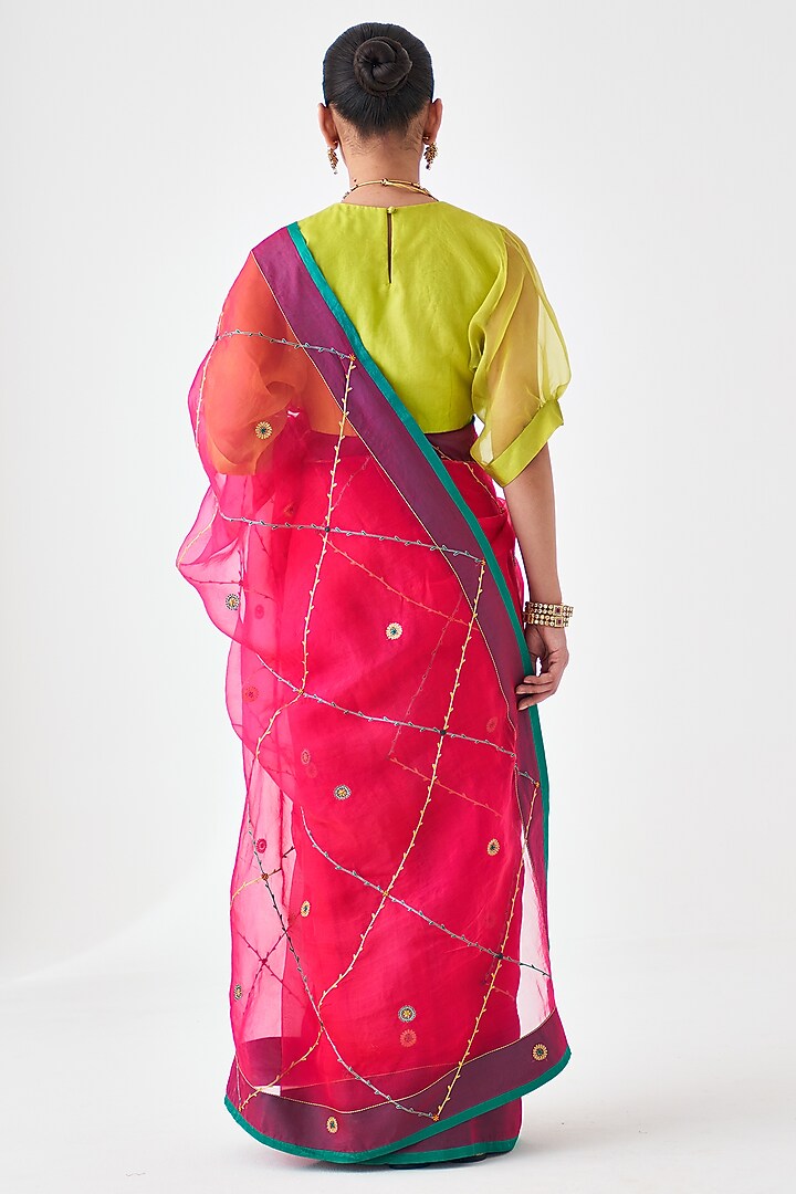 Fuchsia Organza Jaal Embroidered Wedding Saree by JANKI INDIA at Pernia's Pop Up Shop