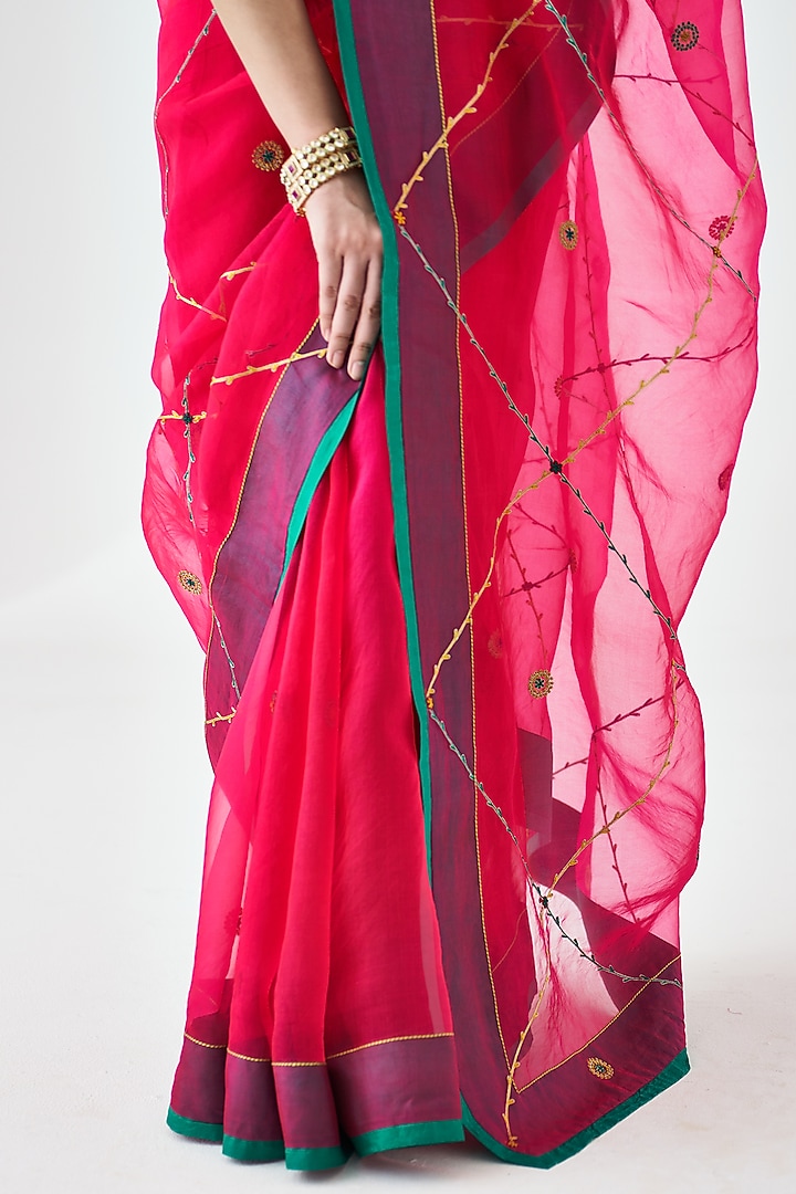 Fuchsia Organza Jaal Embroidered Wedding Saree by JANKI INDIA at Pernia's Pop Up Shop