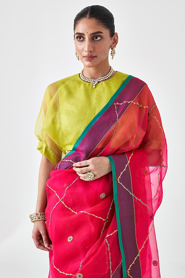 Fuchsia Organza Jaal Embroidered Wedding Saree by JANKI INDIA at Pernia's Pop Up Shop