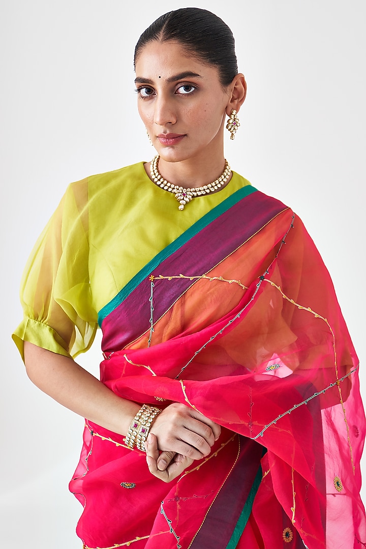 Fuchsia Organza Jaal Embroidered Wedding Saree by JANKI INDIA at Pernia's Pop Up Shop