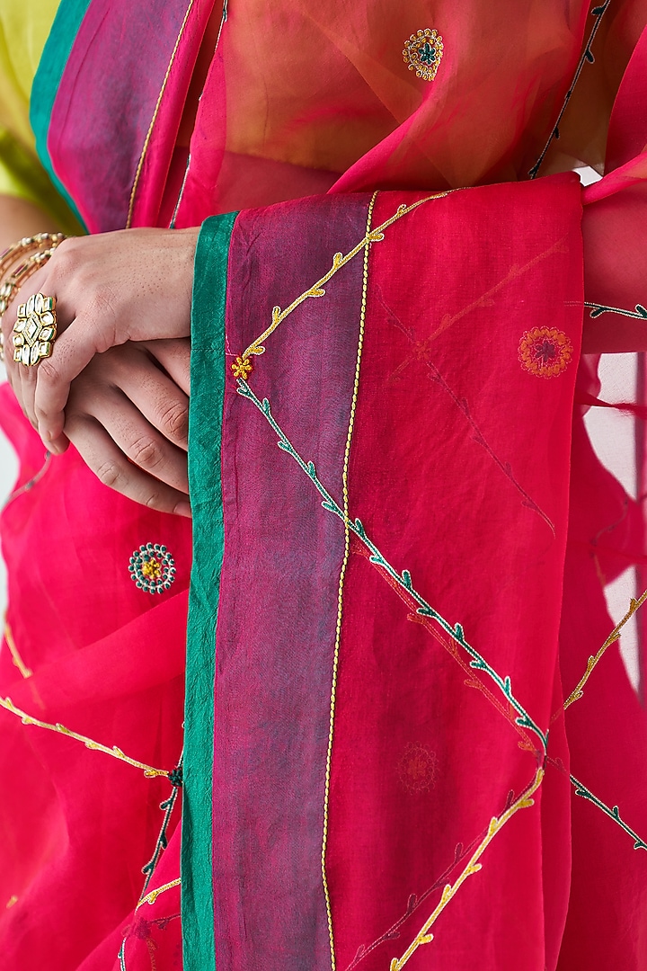 Fuchsia Organza Jaal Embroidered Wedding Saree by JANKI INDIA at Pernia's Pop Up Shop