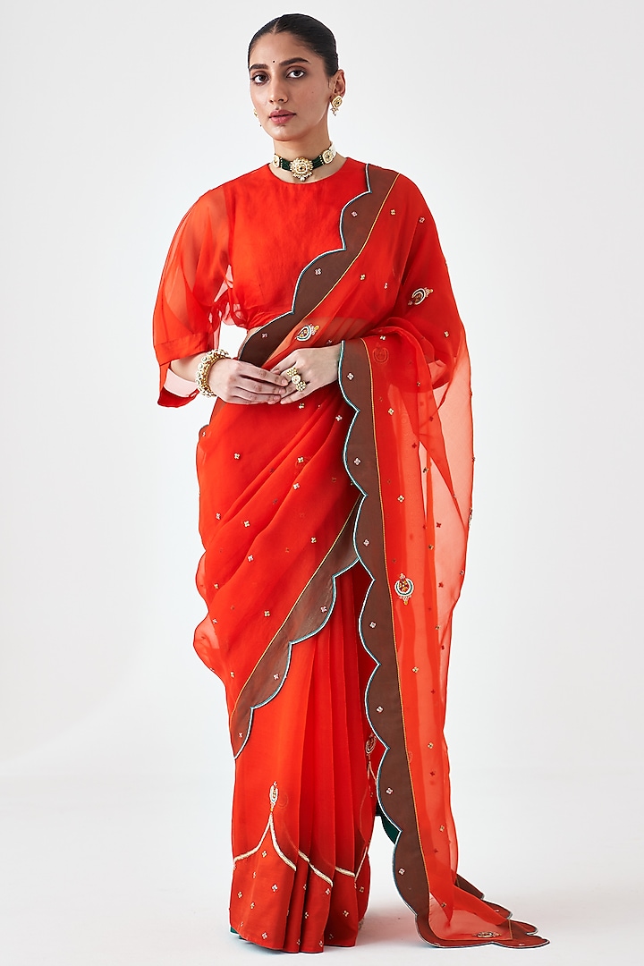 Rust Orange Organza Embroidered Saree by JANKI INDIA at Pernia's Pop Up Shop