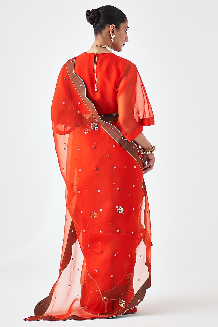 Rust Orange Organza Embroidered Wedding Saree by JANKI INDIA at Pernia's Pop Up Shop