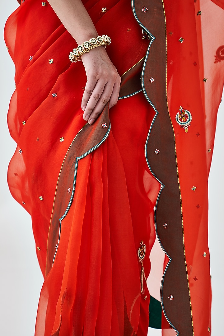 Rust Orange Organza Embroidered Wedding Saree by JANKI INDIA at Pernia's Pop Up Shop