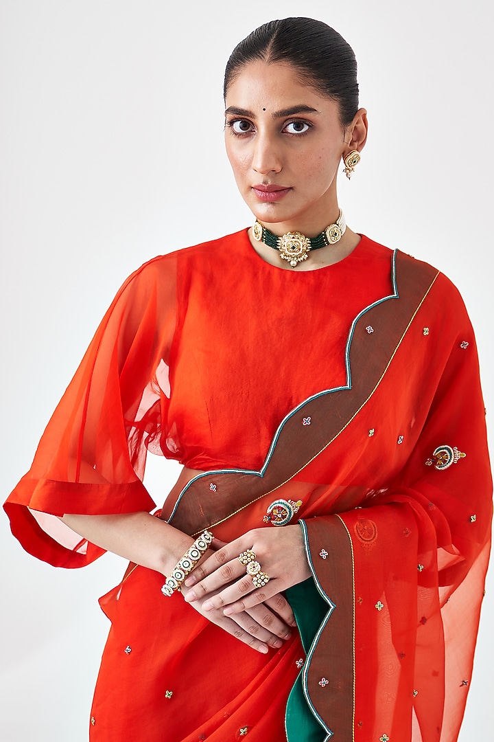 Rust Orange Organza Embroidered Wedding Saree by JANKI INDIA at Pernia's Pop Up Shop