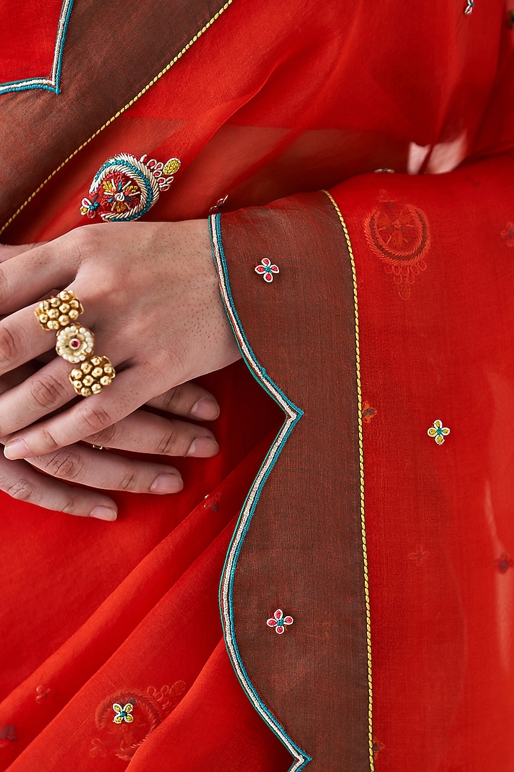Rust Orange Organza Embroidered Wedding Saree by JANKI INDIA at Pernia's Pop Up Shop
