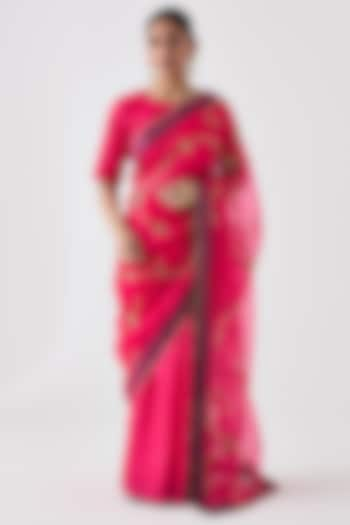 Fuchsia Organza Jaal Embroidered Saree by JANKI INDIA at Pernia's Pop Up Shop