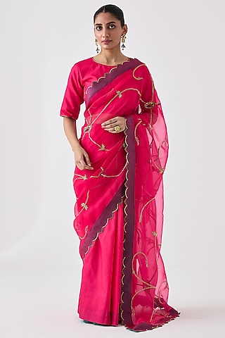 Fuchsia Organza Jaal Embroidered Saree by JANKI INDIA