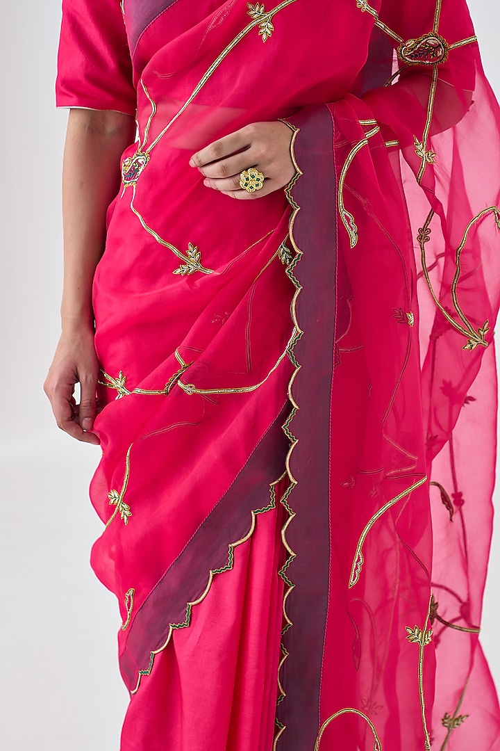 Fuchsia Organza Jaal Embroidered Wedding Saree by JANKI INDIA at Pernia's Pop Up Shop