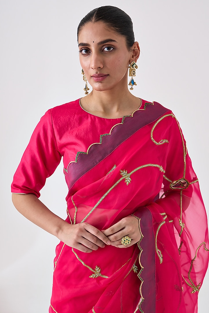 Fuchsia Organza Jaal Embroidered Wedding Saree by JANKI INDIA at Pernia's Pop Up Shop