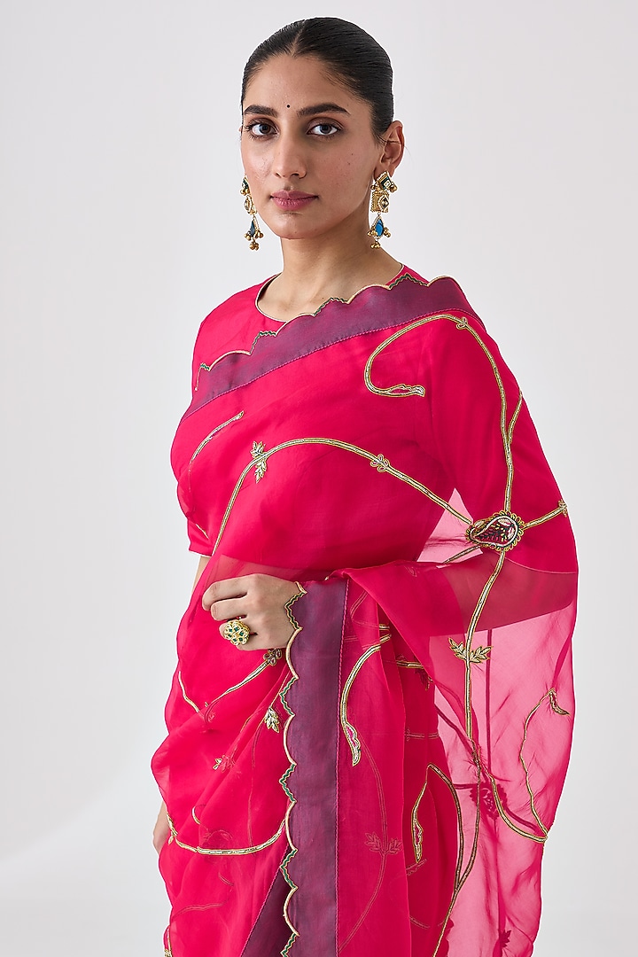 Fuchsia Organza Jaal Embroidered Wedding Saree by JANKI INDIA at Pernia's Pop Up Shop