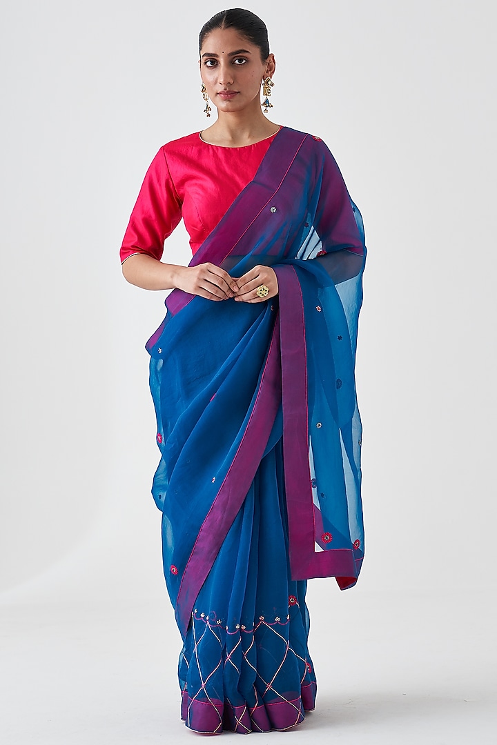 Blue Organza Embroidered Saree by JANKI INDIA at Pernia's Pop Up Shop