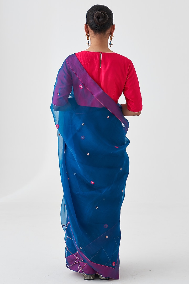 Blue Organza Embroidered Wedding Saree by JANKI INDIA at Pernia's Pop Up Shop
