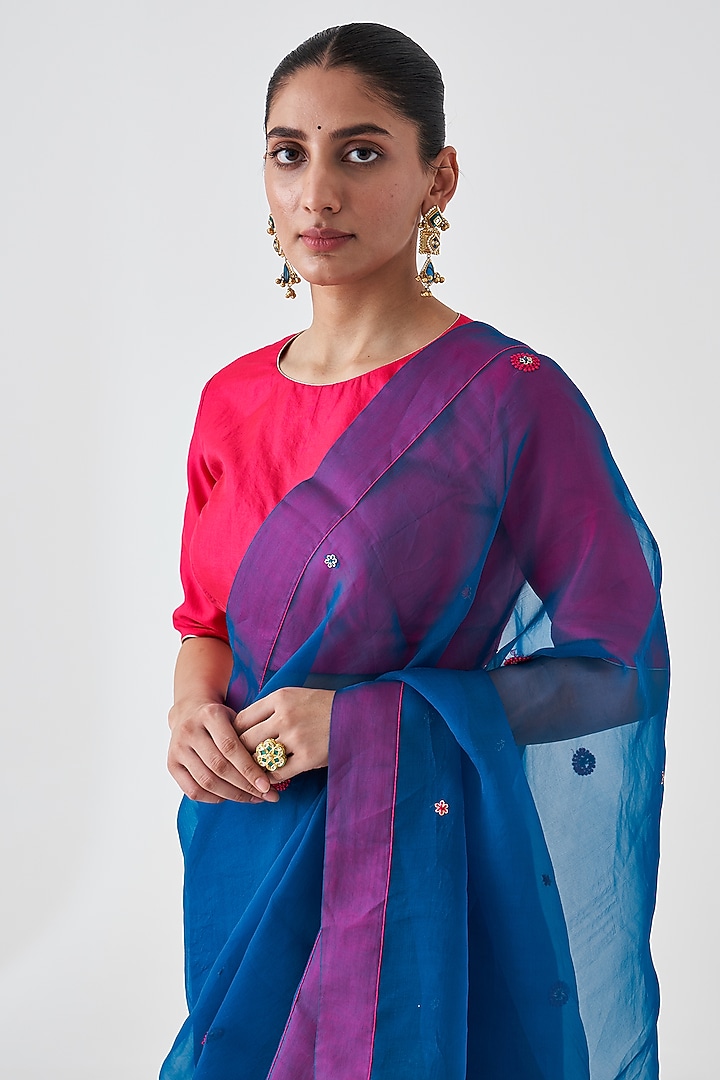 Blue Organza Embroidered Wedding Saree by JANKI INDIA at Pernia's Pop Up Shop