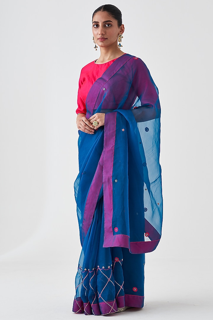Blue Organza Embroidered Wedding Saree by JANKI INDIA at Pernia's Pop Up Shop