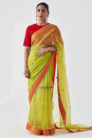 Lime Green Organza Embroidered Saree by JANKI INDIA