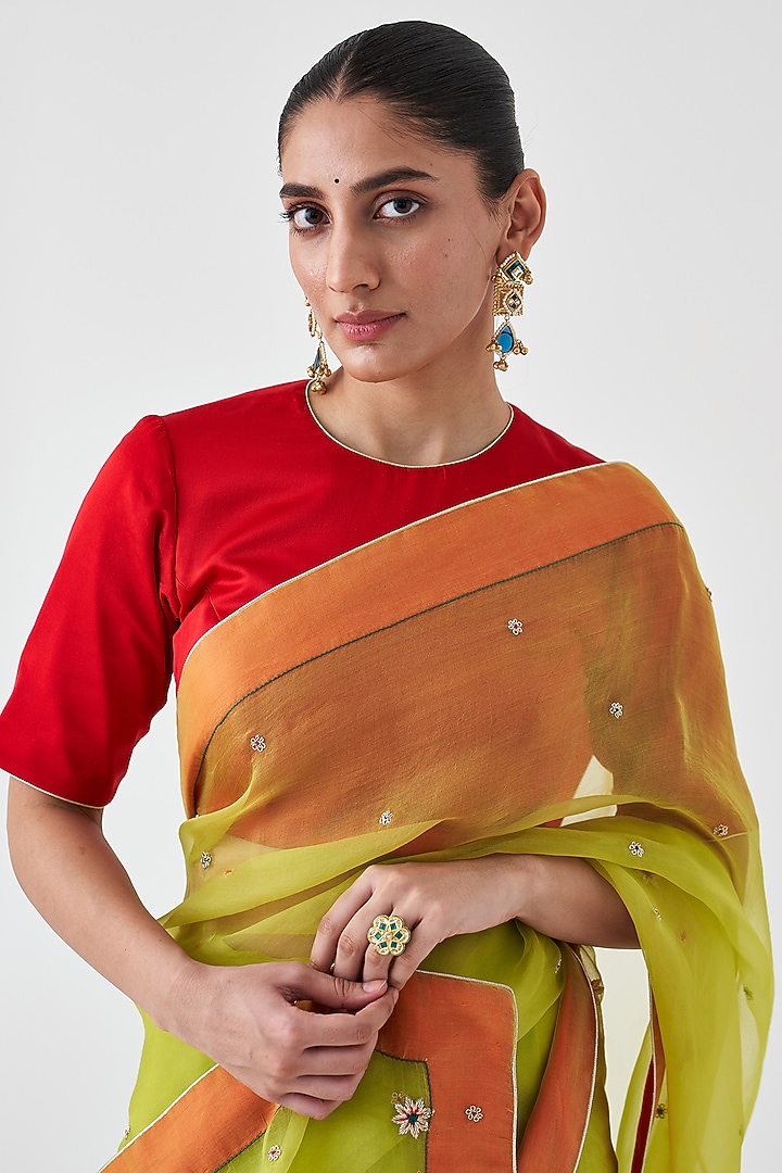 Lime Green Organza Embroidered Wedding Saree by JANKI INDIA at Pernia's Pop Up Shop