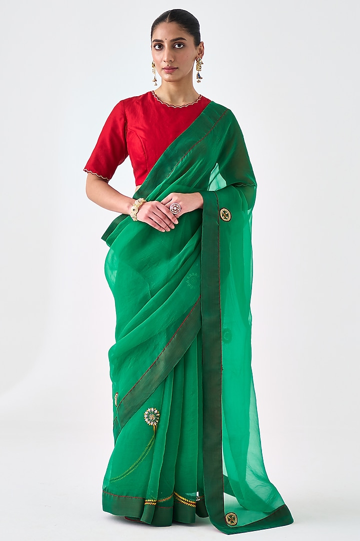 Green Organza Jaal Embroidered Saree by JANKI INDIA at Pernia's Pop Up Shop