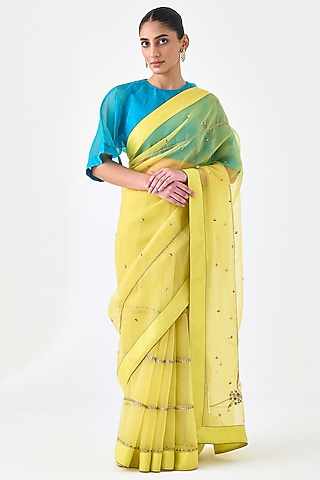 Yellow Organza Embroidered Saree by JANKI INDIA