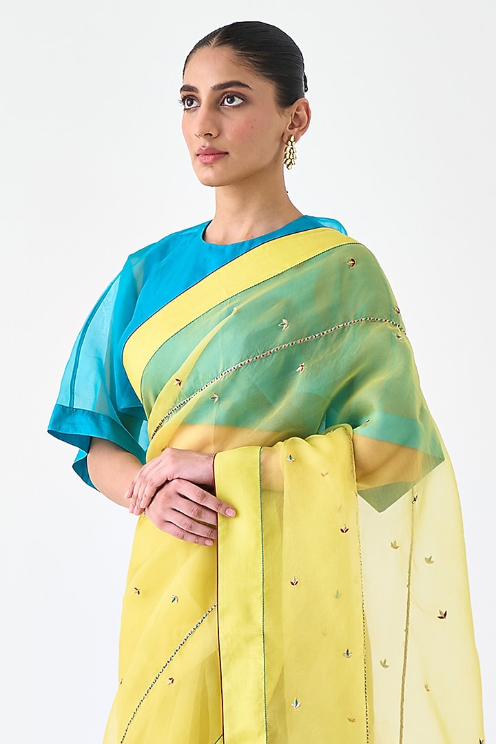 Yellow Organza Embroidered Wedding Saree by JANKI INDIA at Pernia's Pop Up Shop