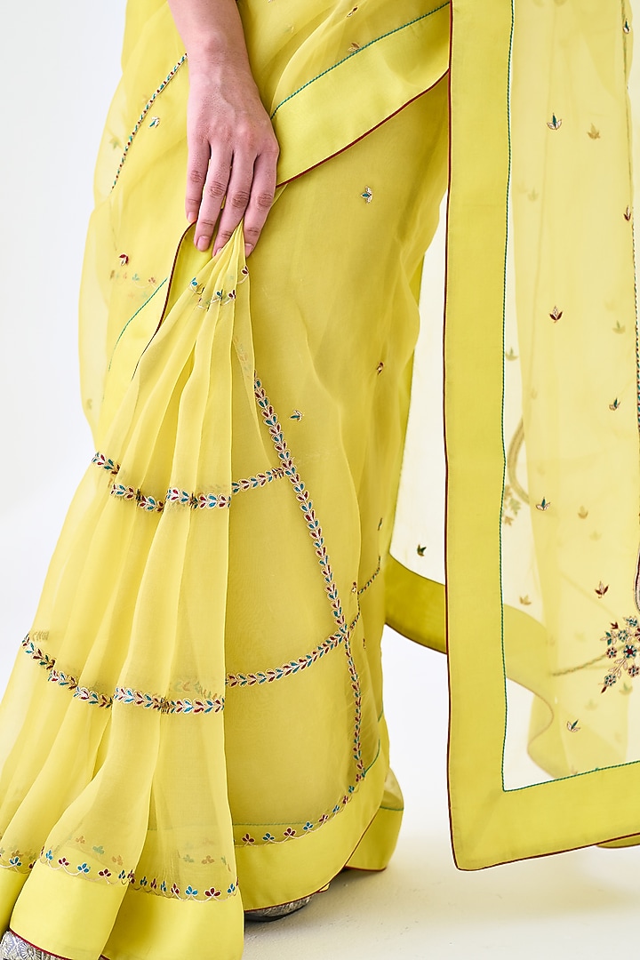 Yellow Organza Embroidered Wedding Saree by JANKI INDIA at Pernia's Pop Up Shop
