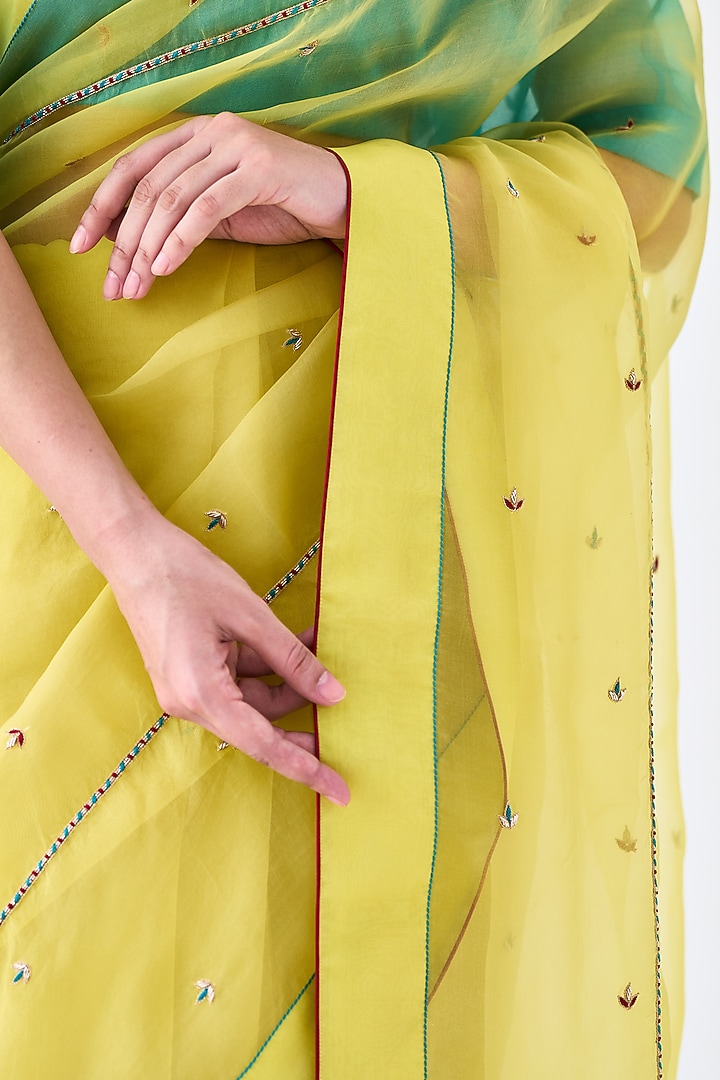 Yellow Organza Embroidered Wedding Saree by JANKI INDIA at Pernia's Pop Up Shop