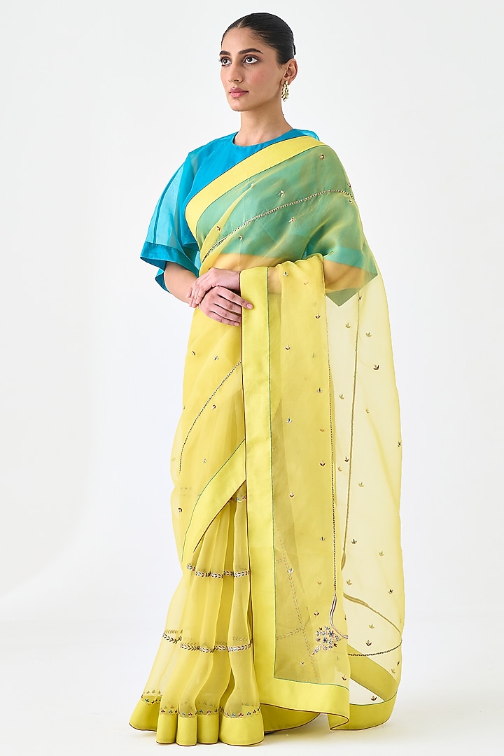 Yellow Organza Embroidered Wedding Saree by JANKI INDIA at Pernia's Pop Up Shop