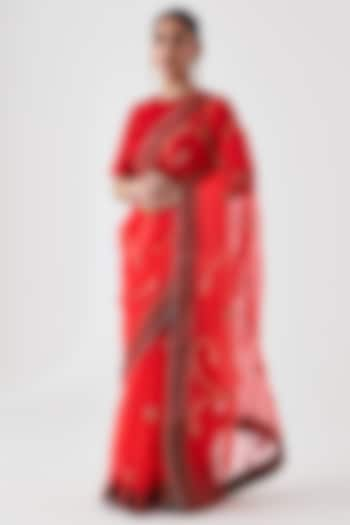 Red Organza Jaal Embroidered Saree by JANKI INDIA at Pernia's Pop Up Shop