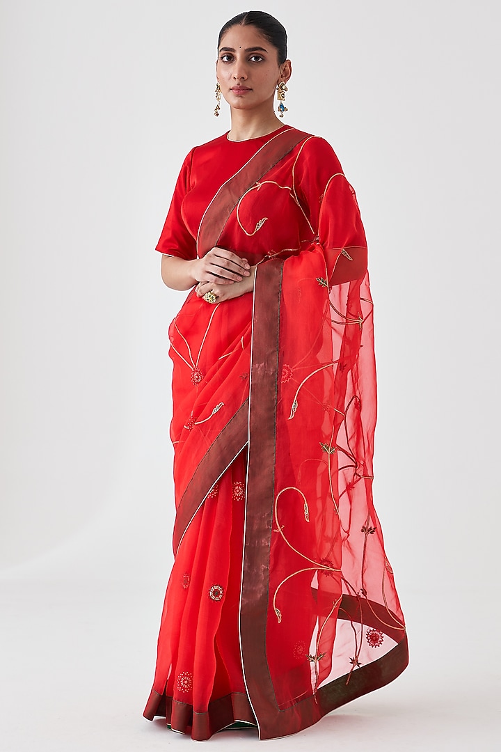 Red Organza Jaal Embroidered Saree by JANKI INDIA at Pernia's Pop Up Shop