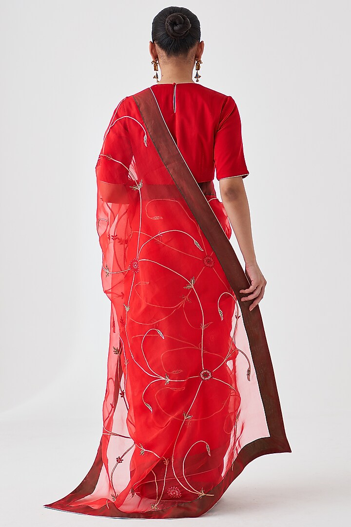 Red Organza Jaal Embroidered Wedding Saree by JANKI INDIA at Pernia's Pop Up Shop