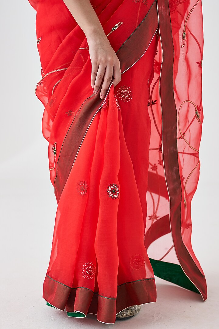 Red Organza Jaal Embroidered Wedding Saree by JANKI INDIA at Pernia's Pop Up Shop